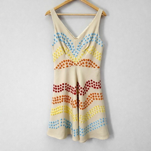 Eva Franco Womens Dress 10 Beige Textured Polka Dot Chevron V-Neck Mod Retro